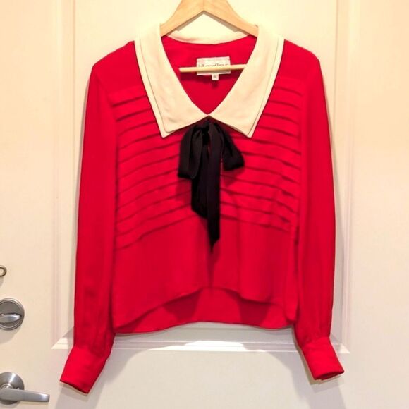 Gorgeous 80s Bill Geoffreys Double Pan Collar Pleated Blouse with Black Bow - Picture 1 of 6